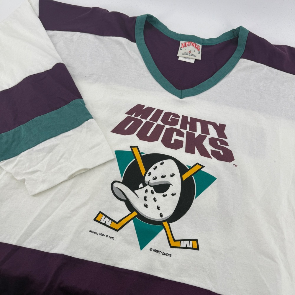 Vintage Nutmeg Mills Mighty Ducks NHL Jersey Shirt XL 1993 Made in USA LS